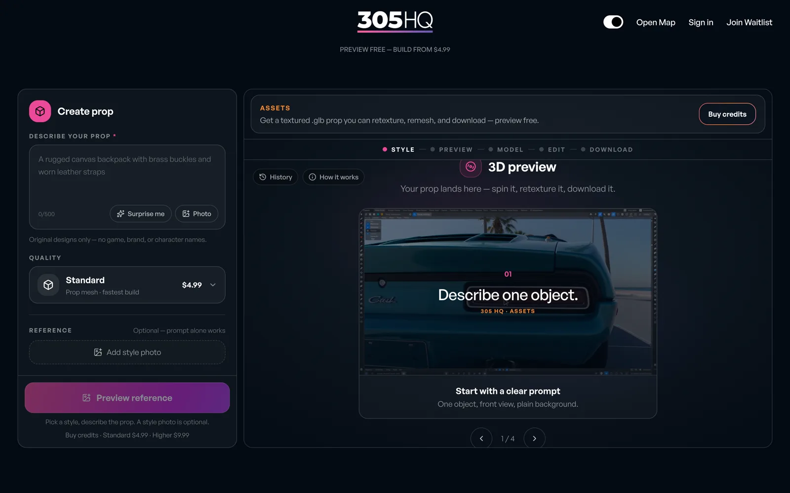 Assets Generator: describe your prop, choose Standard quality at $4.99, and a 3D preview panel