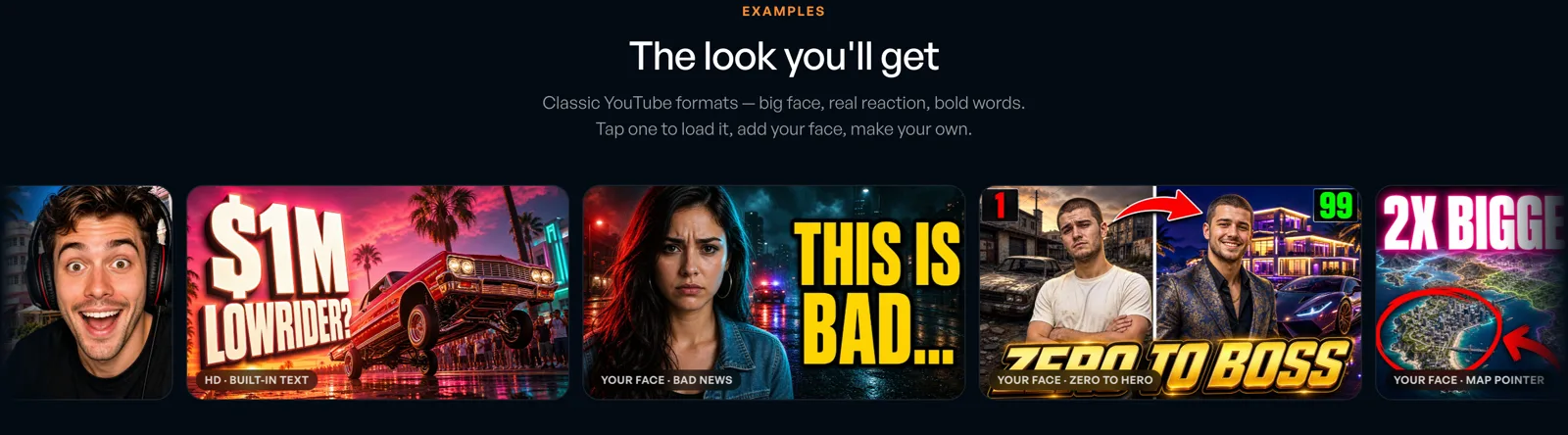 Example thumbnails: $1M Lowrider?, This is bad…, Zero to boss and 2x bigger