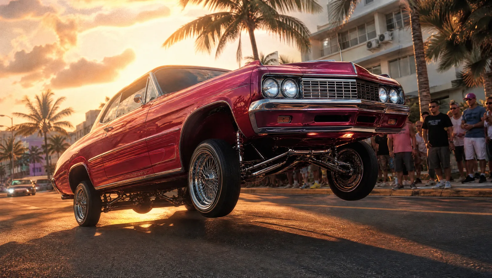 A red lowrider on hydraulics lifts its front wheels on a palm-lined beachfront street at sunset, with a crowd watching