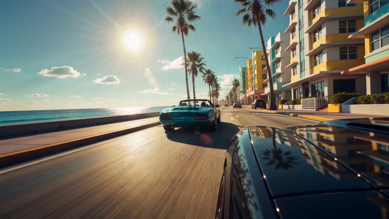 A teal convertible driving along a sunny Vice City-style beachfront