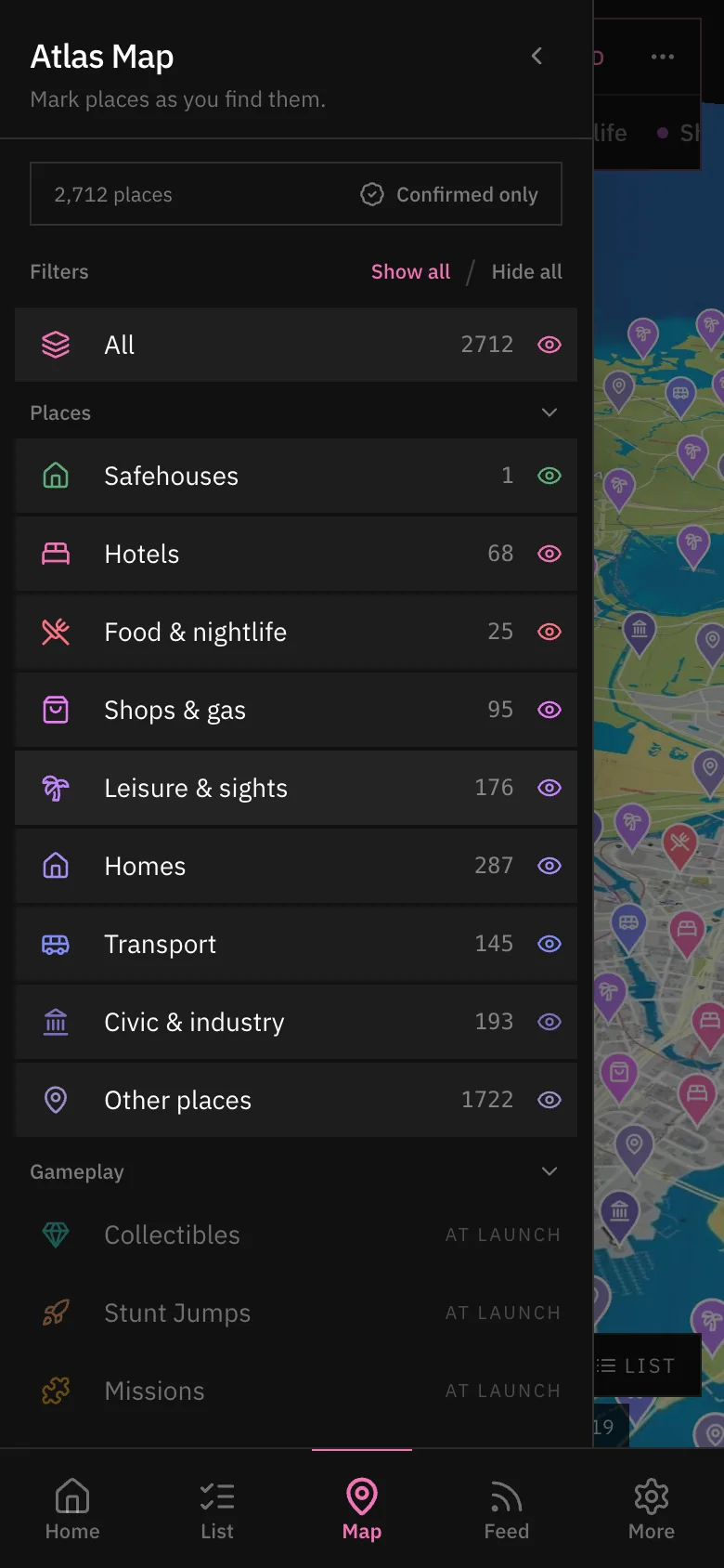 Filters panel: places by category with counts, and gameplay categories unlocking at launch