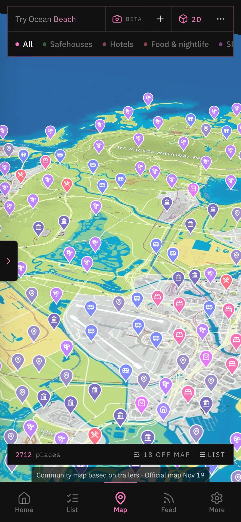 The map of Leonida on a phone, covered in category pins, with 2,712 places