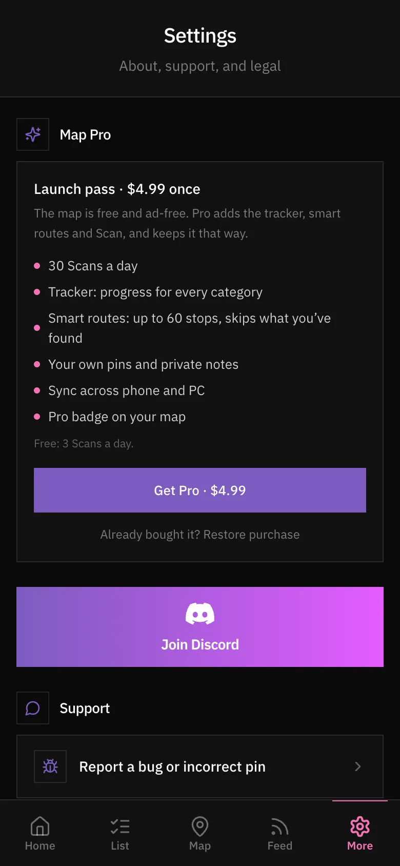 Settings: Map Pro launch pass for $4.99 once, Discord, and support