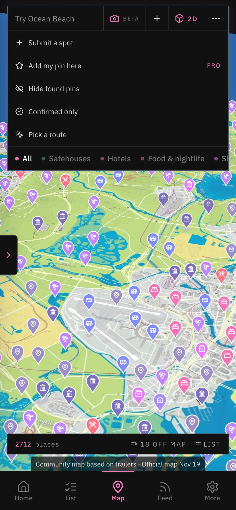 Map tools: submit a spot, add my pin here, hide found pins, confirmed only, pick a route