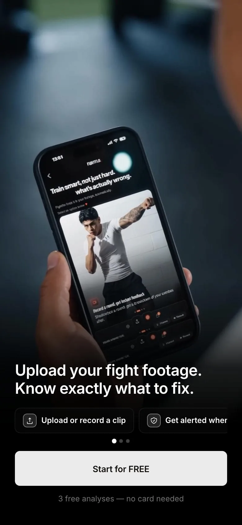 FightFlo landing on a phone: Upload your fight footage. Know exactly what to fix.