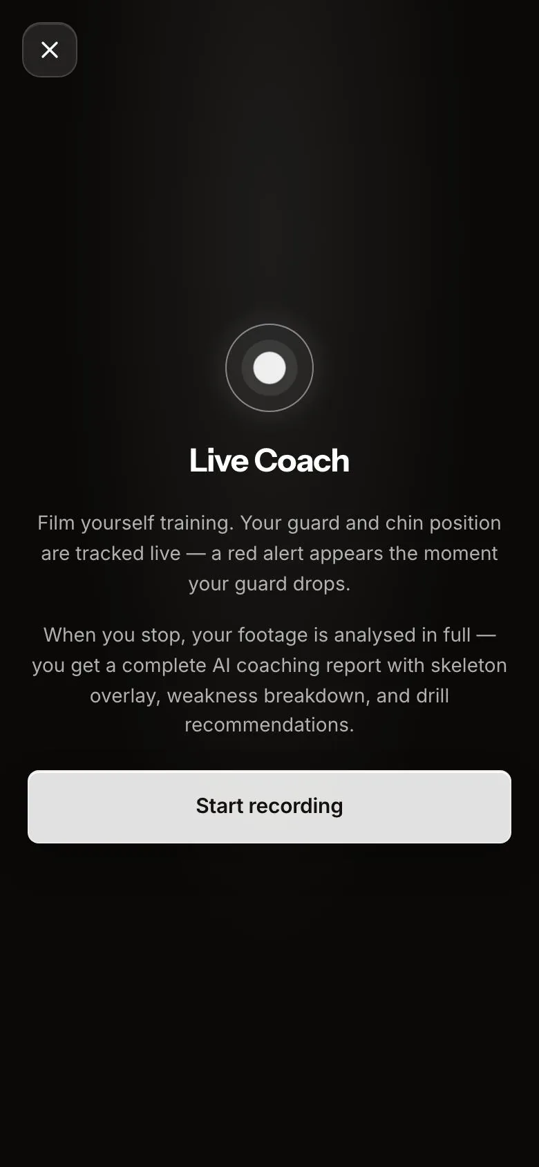 Live Coach: guard and chin tracked live, with Start recording