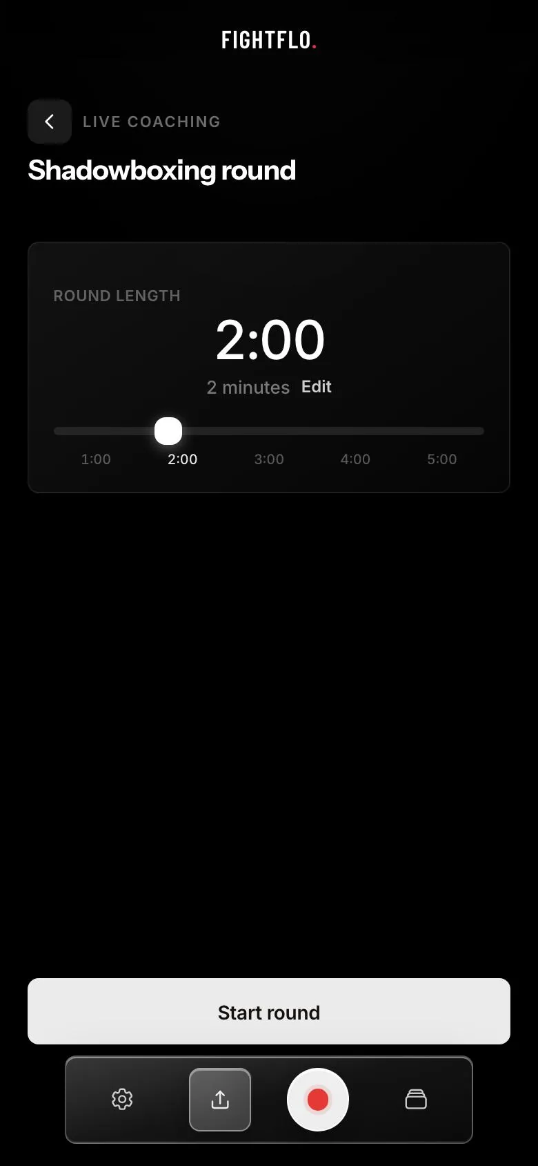 Shadowboxing round setup with a 2:00 round length and Start round