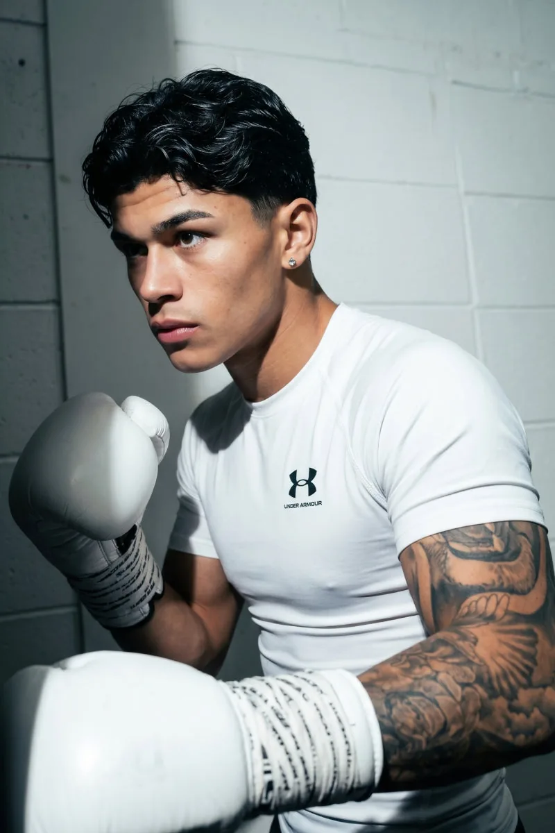 A fighter with gloves up, guarding