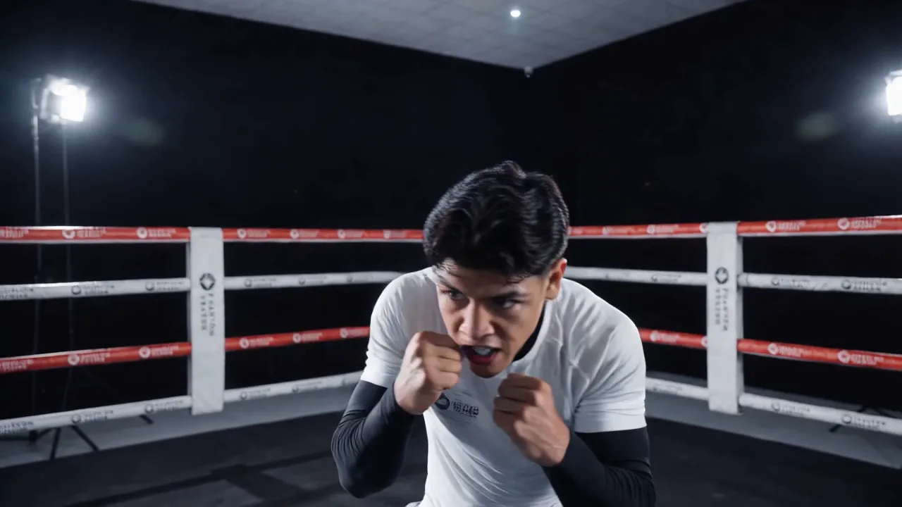 A fighter with guard up, shadowboxing in a ring