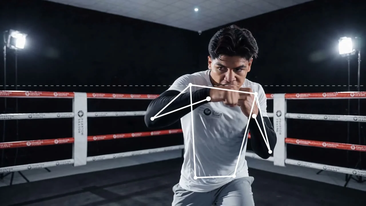 Pose skeleton tracked on a fighter shadowboxing in a ring, guard up