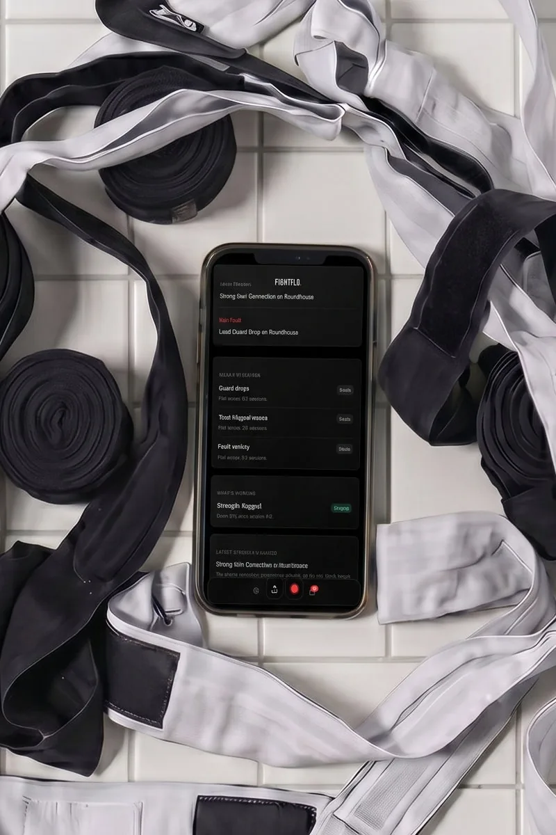 A phone showing FightFlo progress among hand wraps