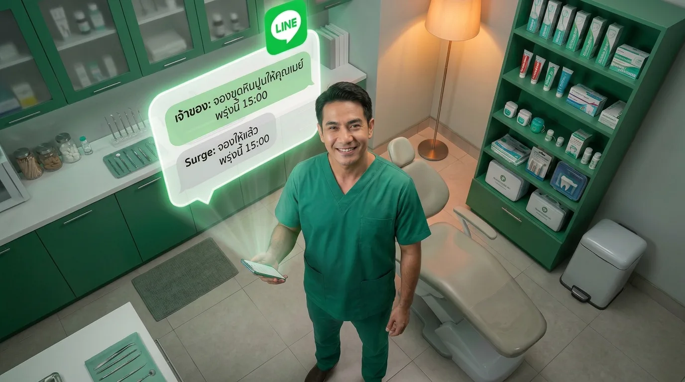 A dentist in his clinic holds his phone while a LINE chat floats above it: the owner asks Surge to book a patient for tomorrow at 15:00, and Surge replies that it is booked