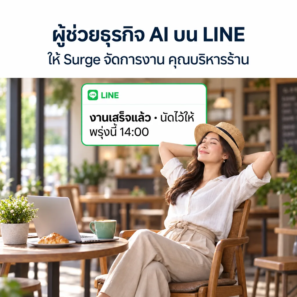 Thai launch visual: AI business assistant on LINE. Let Surge handle the work while you run the shop. A LINE notification reads: Done, booked for tomorrow at 14:00