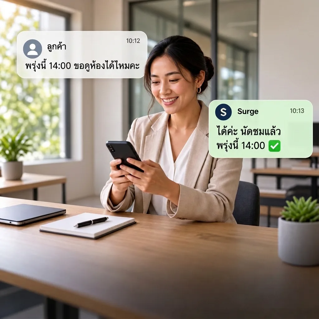 A business owner at her desk smiling at her phone. A customer asks in Thai to view a room tomorrow at 14:00, and Surge replies that the viewing is booked