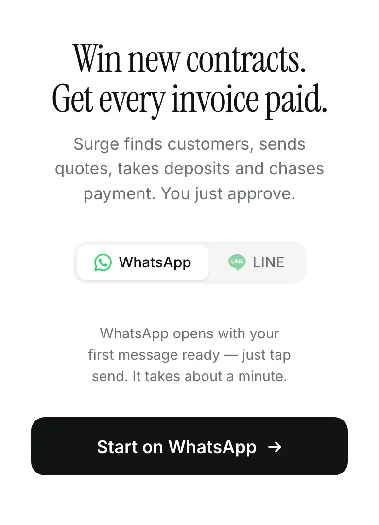 surge.channel on a phone with WhatsApp selected: Start on WhatsApp