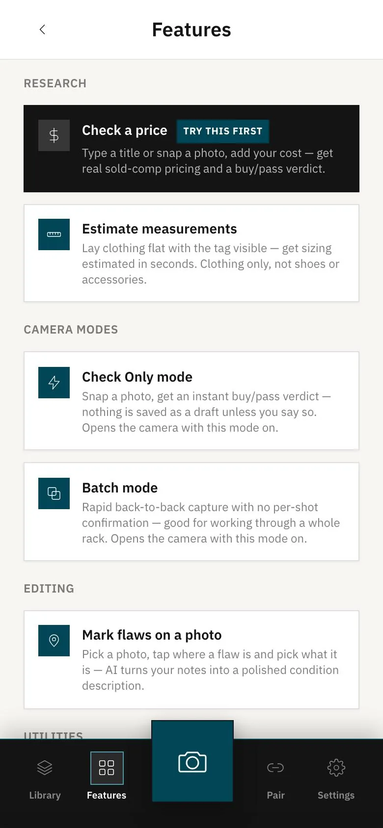 Features tab: Check a price, Estimate measurements, Check Only and Batch camera modes