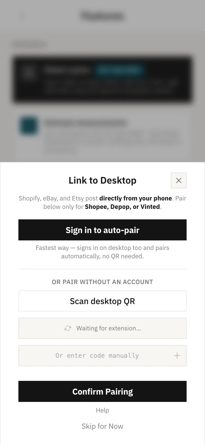 Link to Desktop sheet: sign in to auto-pair, scan the desktop QR or enter a code