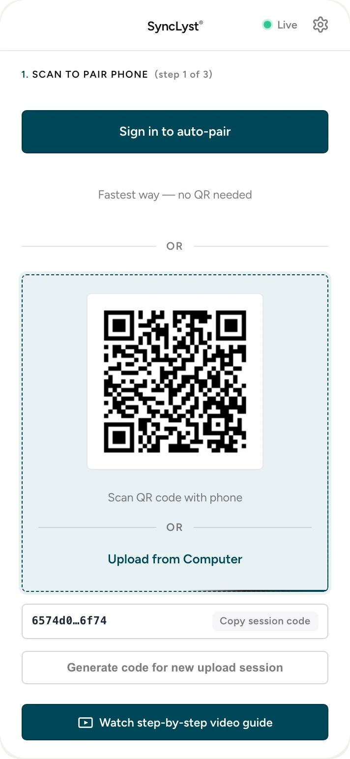 SyncLyst extension, step 1: Scan to pair phone, with Sign in to auto-pair and a QR code