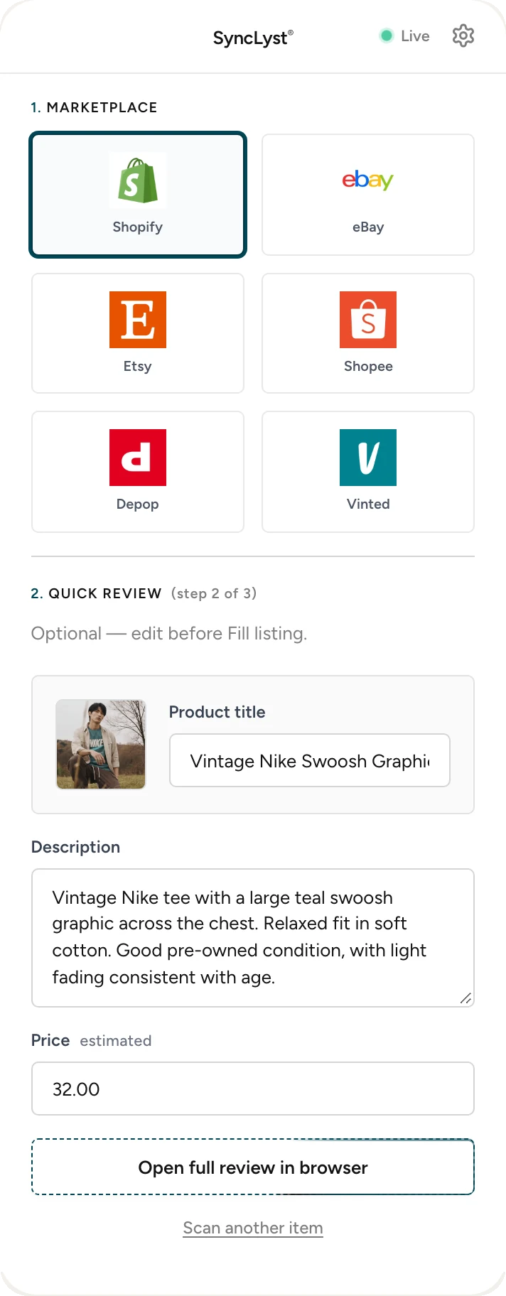SyncLyst extension, step 2: marketplace tiles and the quick review of title, description and price