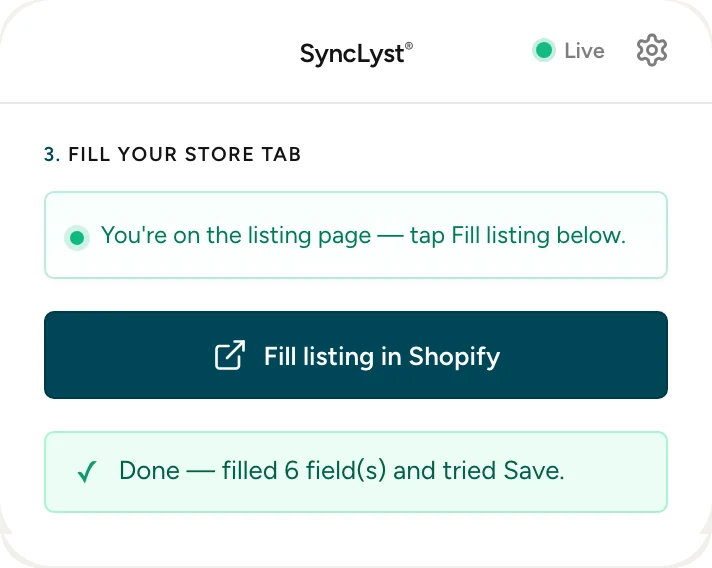 SyncLyst extension after filling: Done, filled 6 fields and tried Save