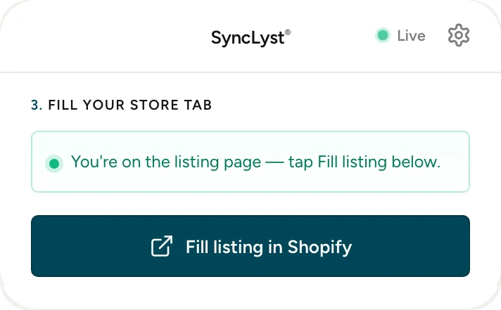 SyncLyst extension, step 3: Fill your store tab, with the Fill listing in Shopify button