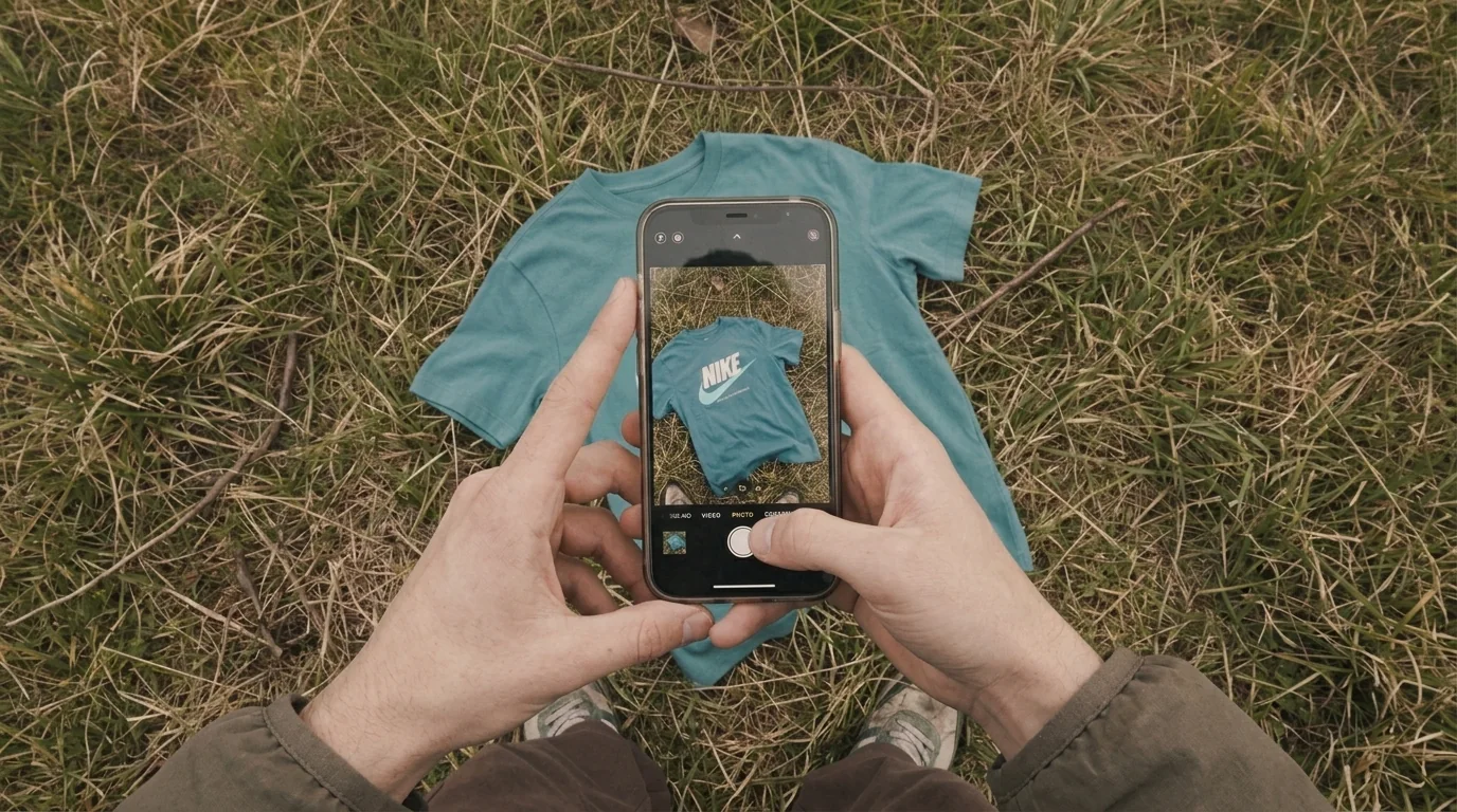Overhead shot of hands photographing a teal Nike tee laid on grass with a phone