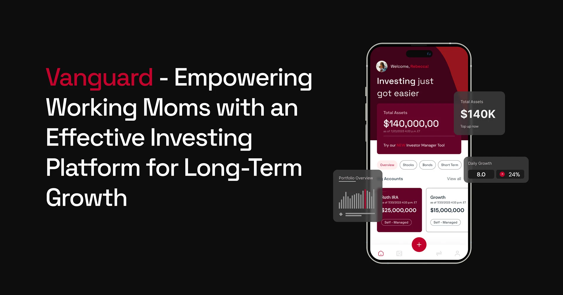 Vanguard app home screen on a phone, with portfolio and growth cards
