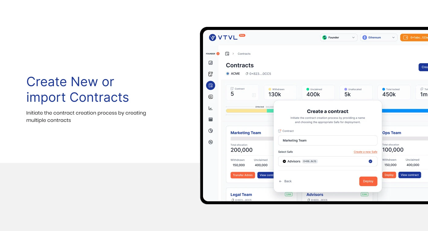 Contracts overview with a Create a contract dialog