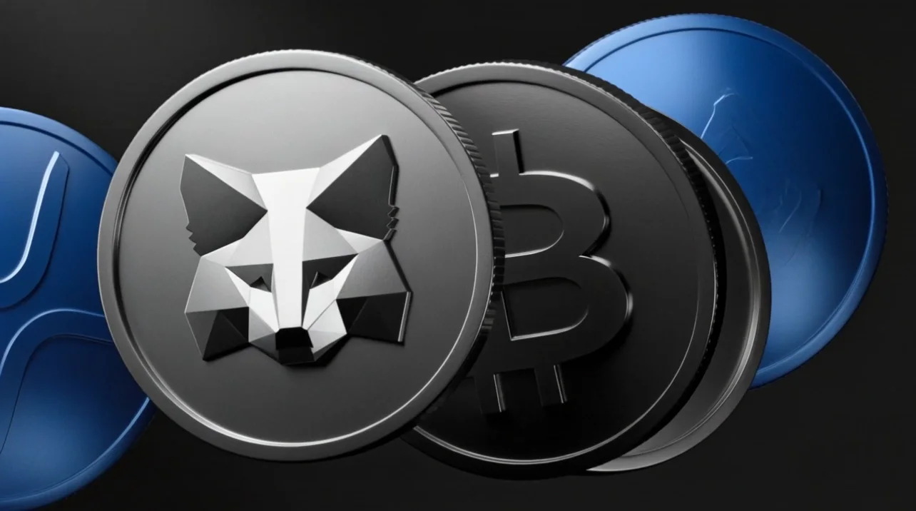 Metallic crypto coins, with a MetaMask fox coin in front, on dark blue